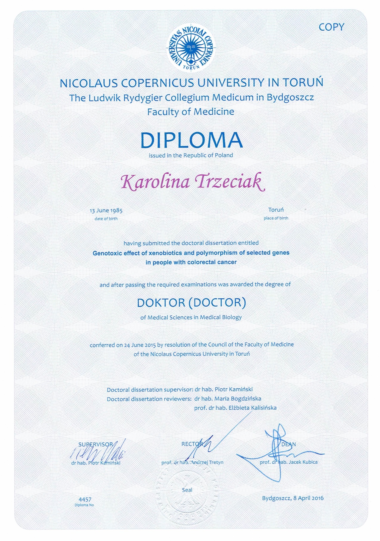 dyplom dr n. med. K.Trzeciak